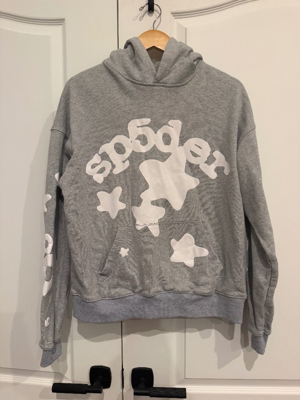 Sp5der Beluga Hoodie Heather Gray White w/ puff stars